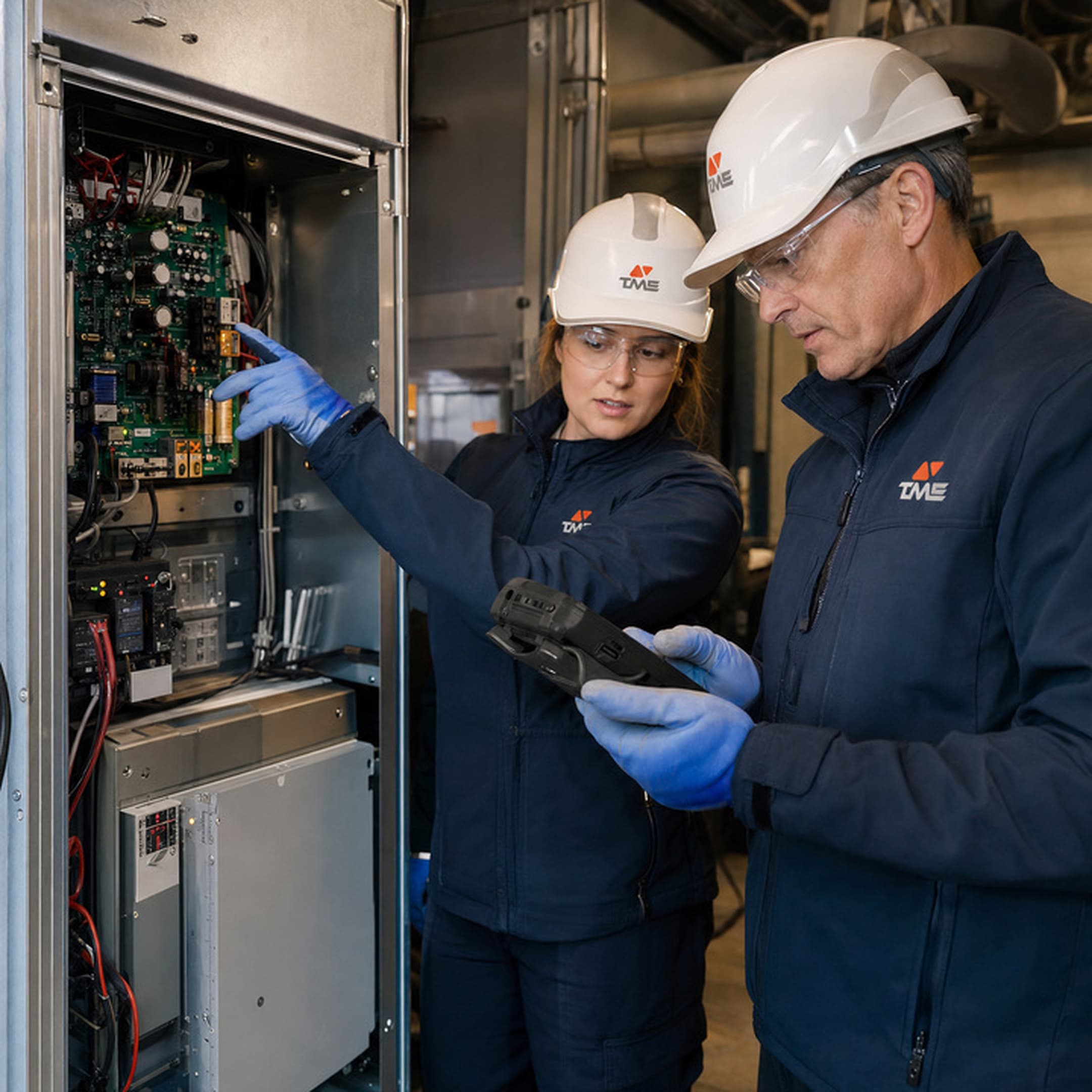 Techniciens TME analysant une armoire de commande